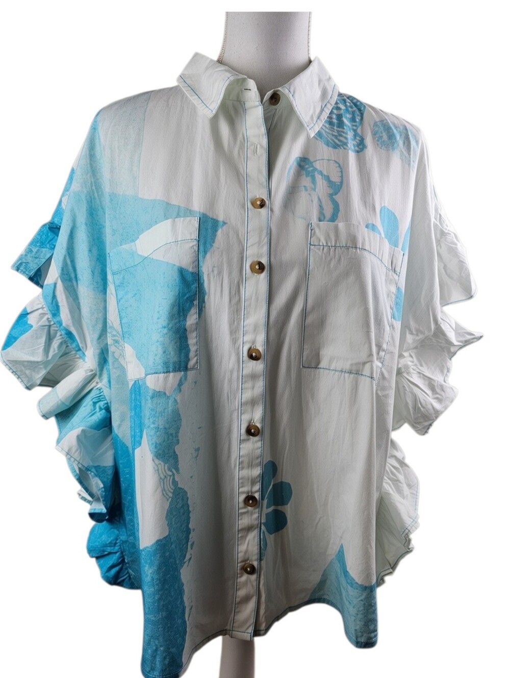 Pilcro Anne Guest Anthropologie Cyanotype Ruffled Button Down Blouse In L - Picture 5 of 10